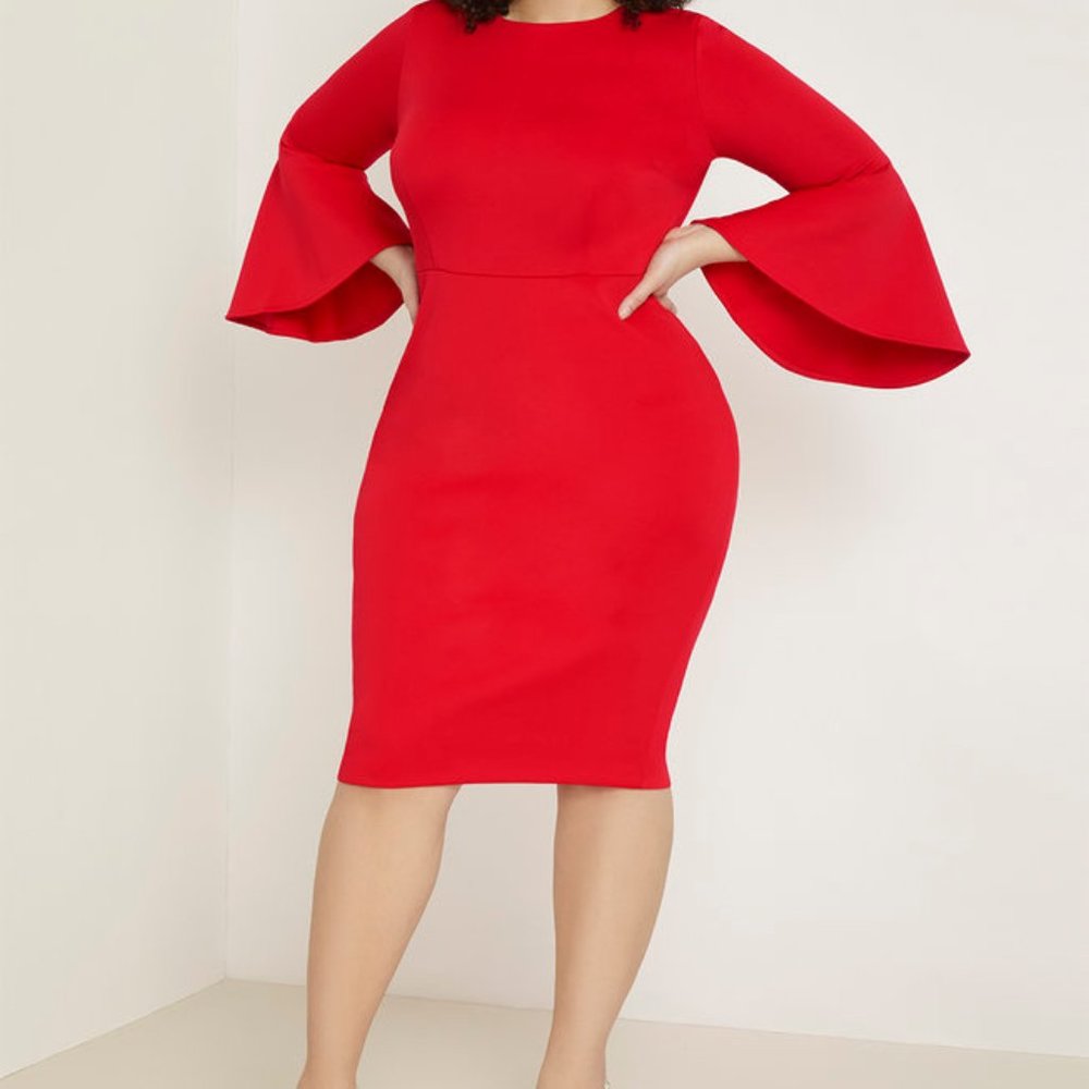 FLARE SLEEVE SCUBA DRESS RED WITH SHEER SLEEVE